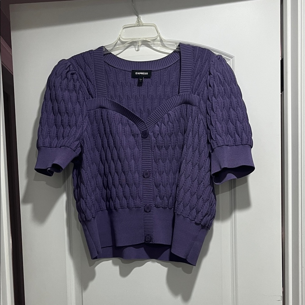 Express Lilac Cable Knit Puff-Sleeve Button Cardigan - Picture 6 of 10